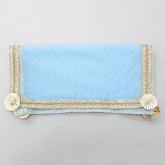 Pre Order: Powder Blue Embroidered Sleeveless Top And Lehenga With Gota Lace Detail Net Dupatta And Potli Bag