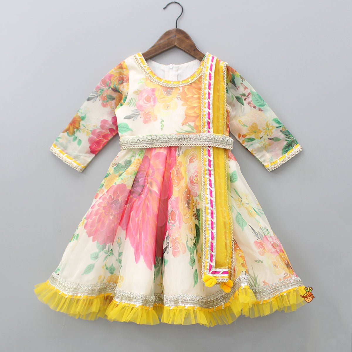 Adorable Blooming Flowers Printed Asymmetric Ruffle Hem Anarkali With Pearls Lace Detail Attached Dupatta