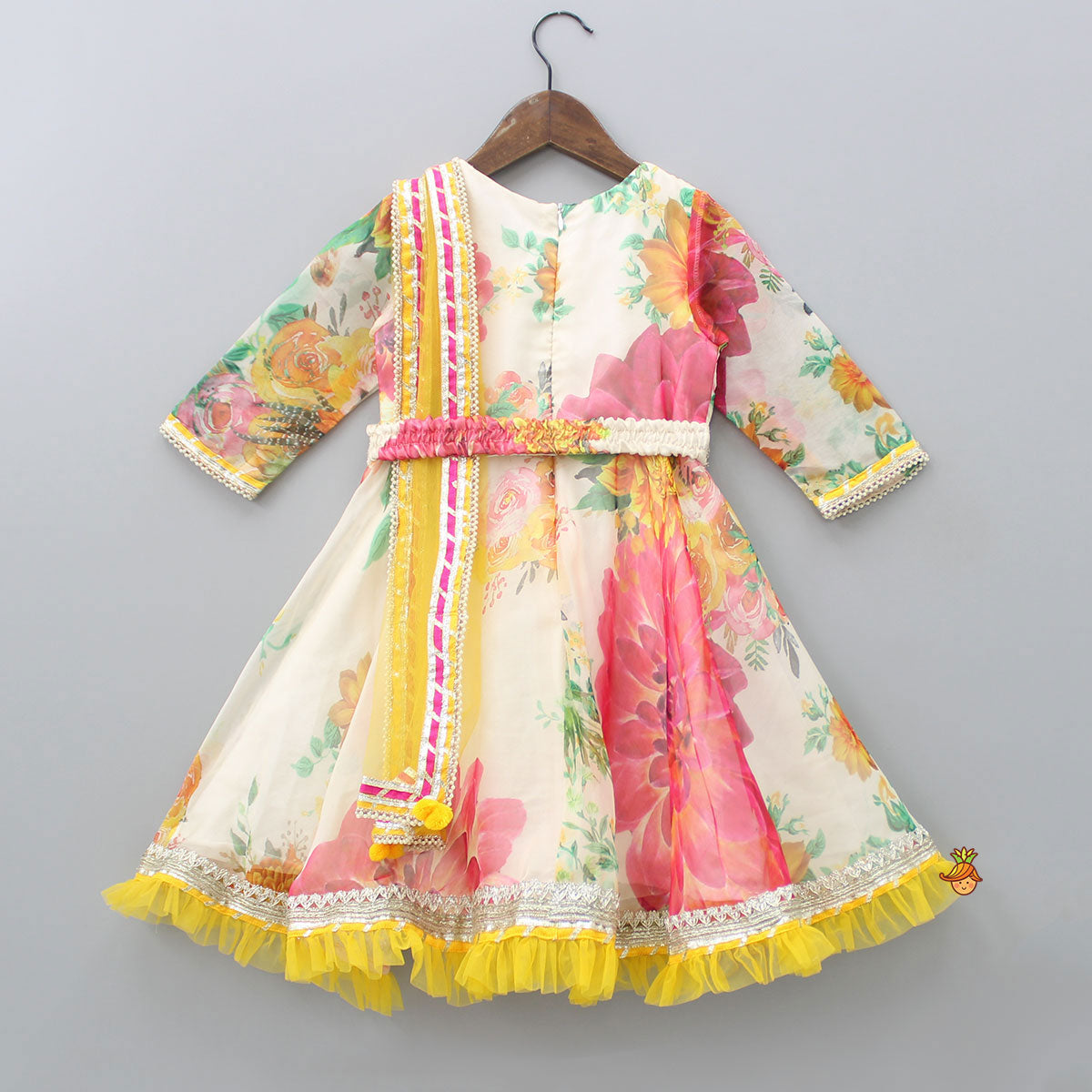 Adorable Blooming Flowers Printed Asymmetric Ruffle Hem Anarkali With Pearls Lace Detail Attached Dupatta