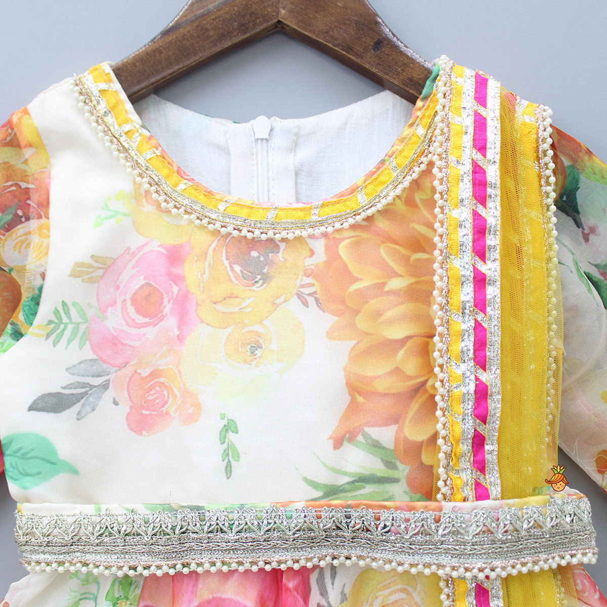 Adorable Blooming Flowers Printed Asymmetric Ruffle Hem Anarkali With Pearls Lace Detail Attached Dupatta