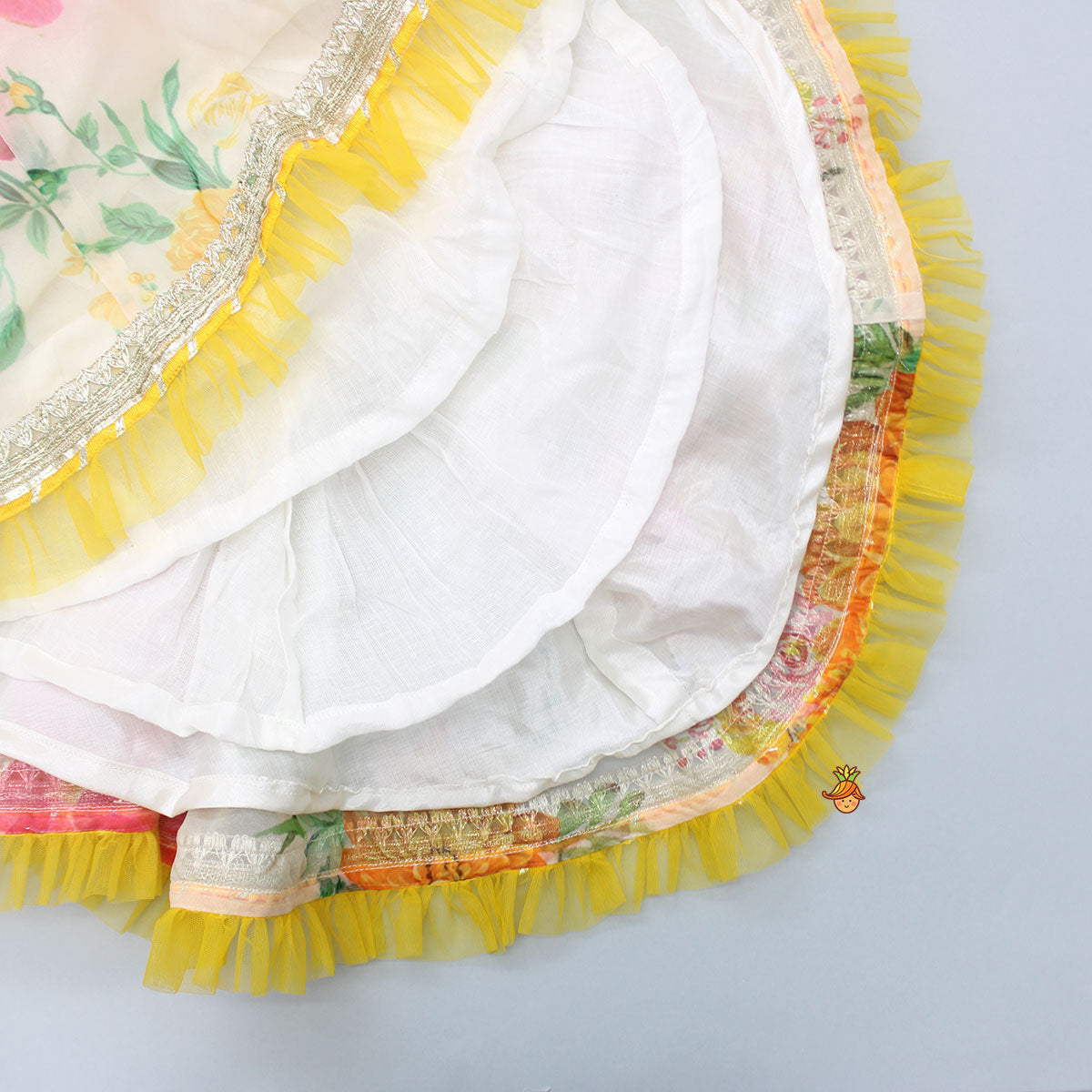 Adorable Blooming Flowers Printed Asymmetric Ruffle Hem Anarkali With Pearls Lace Detail Attached Dupatta