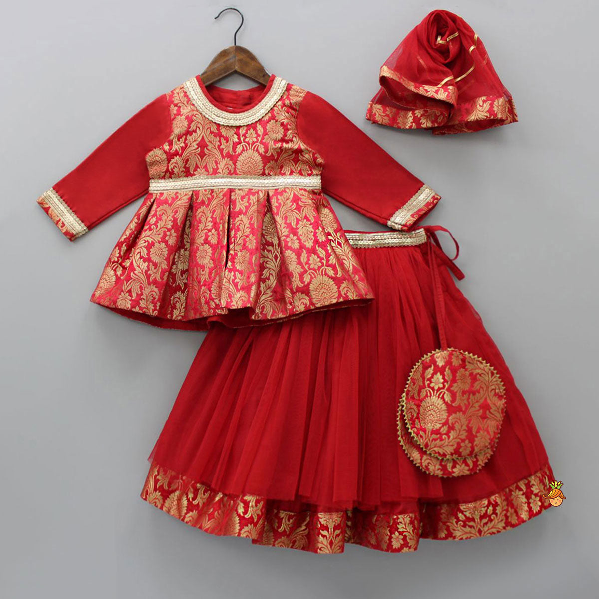 Brocade Embroidered Red Box Pleated Top And Layered Lehenga With Matching Diagonal Gota Lace Work Dupatta
