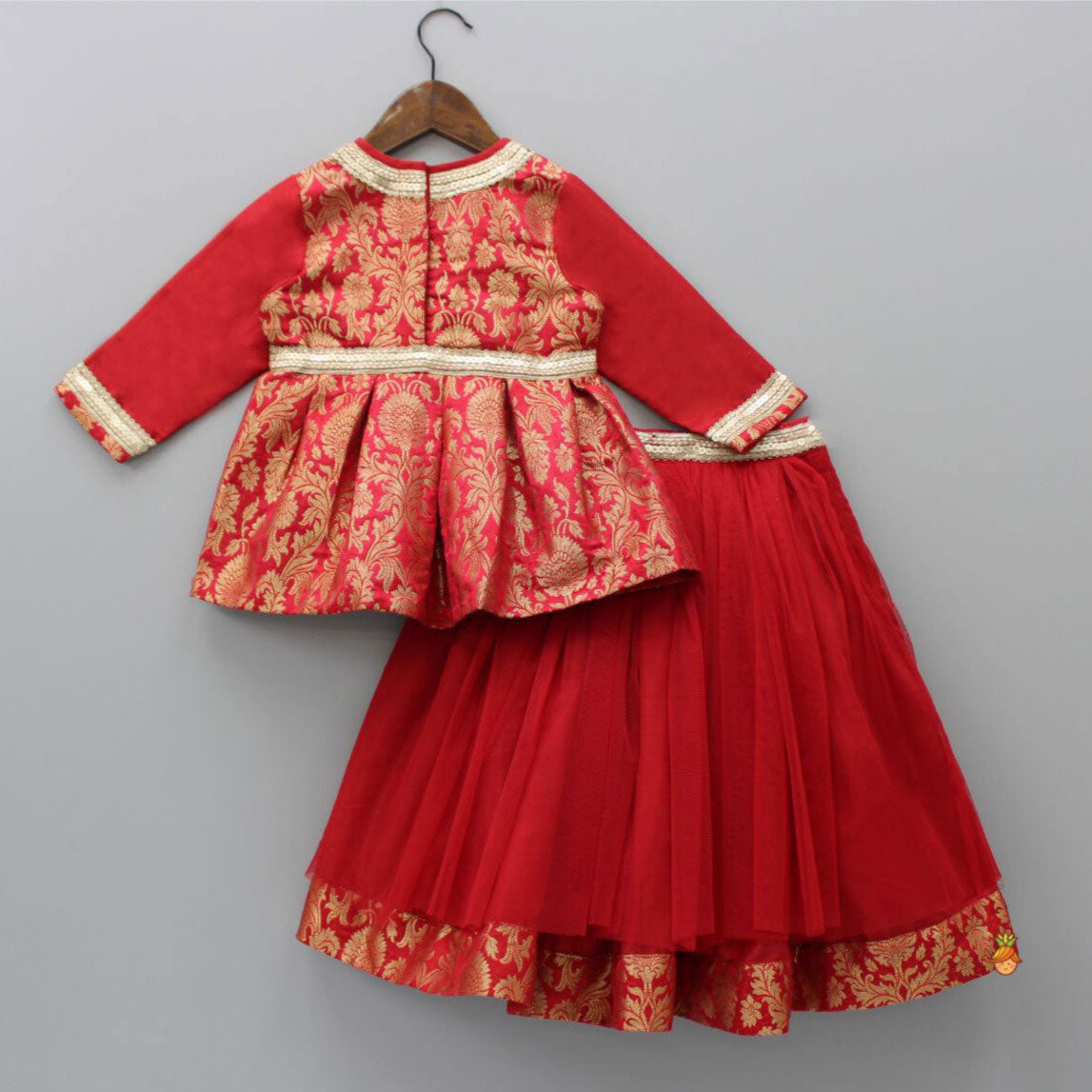 Brocade Embroidered Red Box Pleated Top And Layered Lehenga With Matching Diagonal Gota Lace Work Dupatta