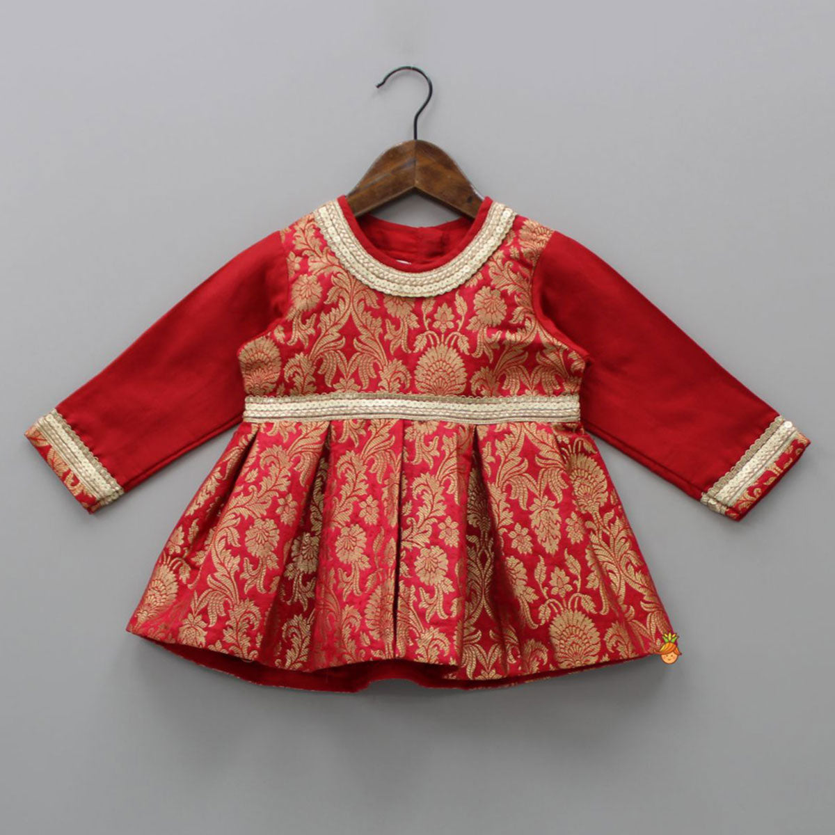 Brocade Embroidered Red Box Pleated Top And Layered Lehenga With Matching Diagonal Gota Lace Work Dupatta
