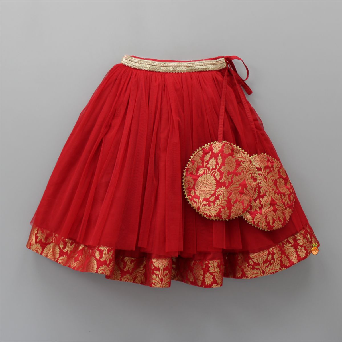 Brocade Embroidered Red Box Pleated Top And Layered Lehenga With Matching Diagonal Gota Lace Work Dupatta