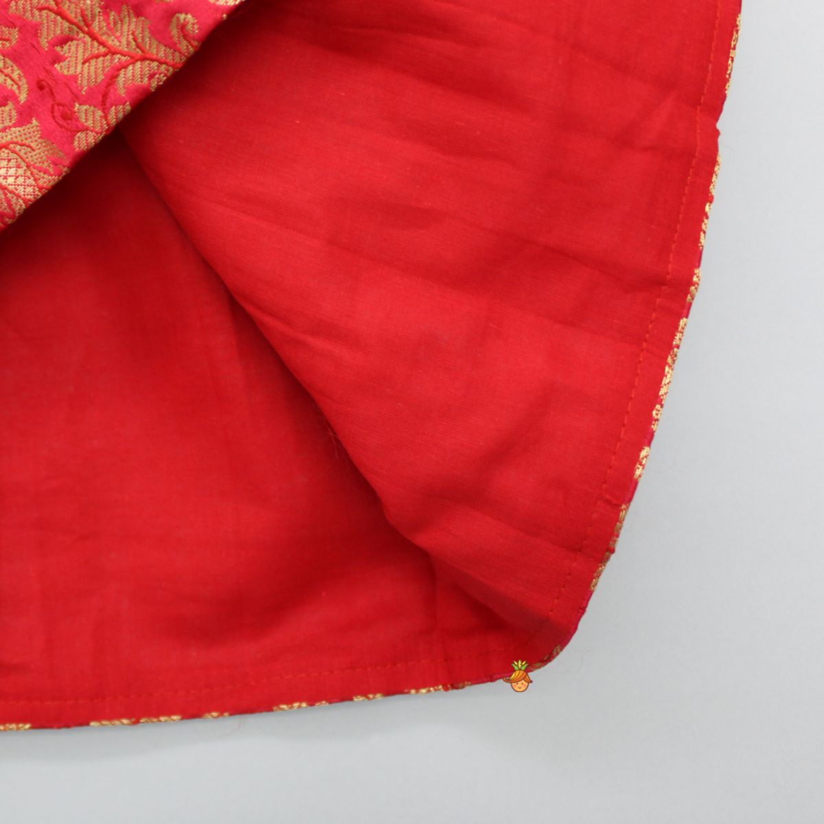 Brocade Embroidered Red Box Pleated Top And Layered Lehenga With Matching Diagonal Gota Lace Work Dupatta