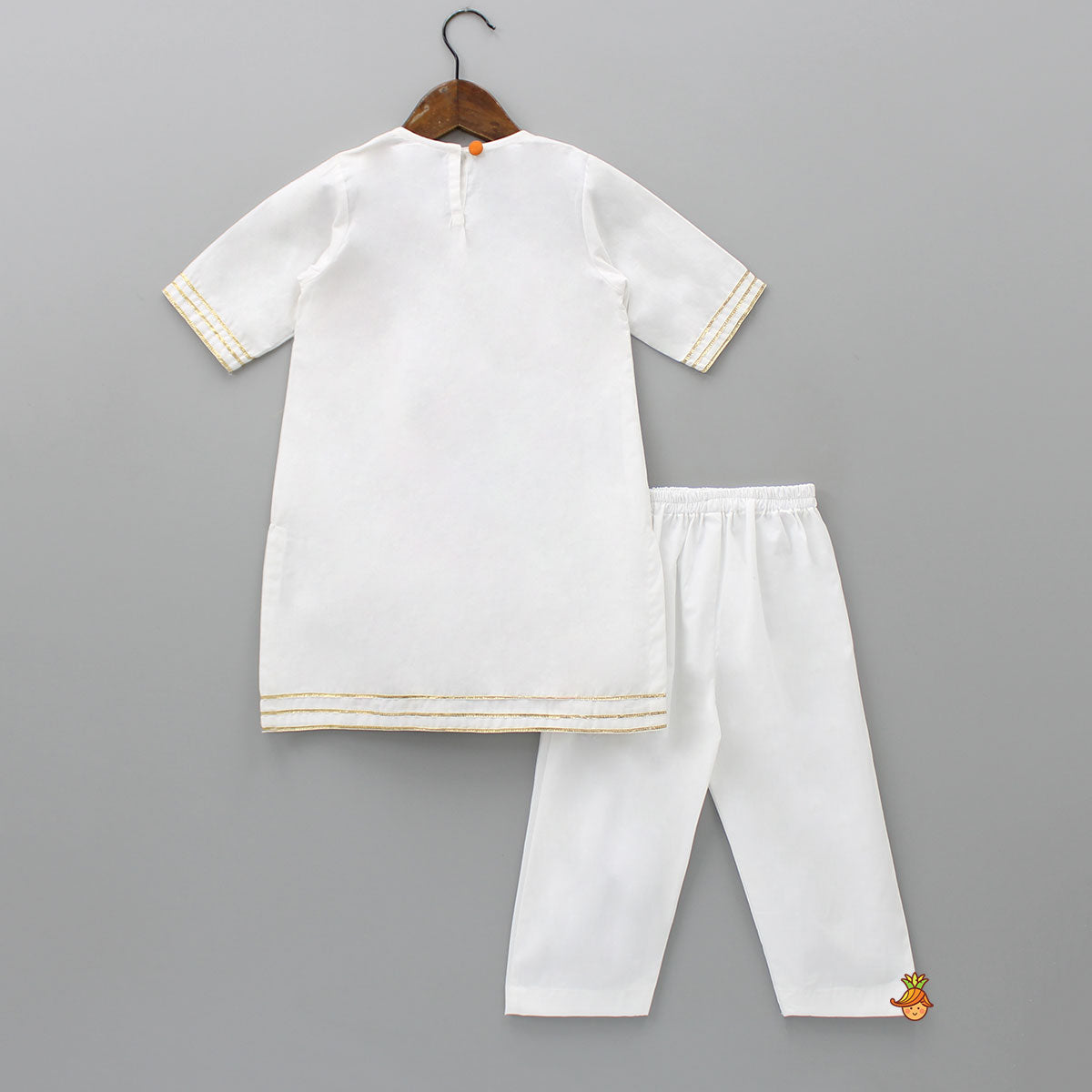 Round Neck Colourful Triangles Lace Detail White Kurti And Pant