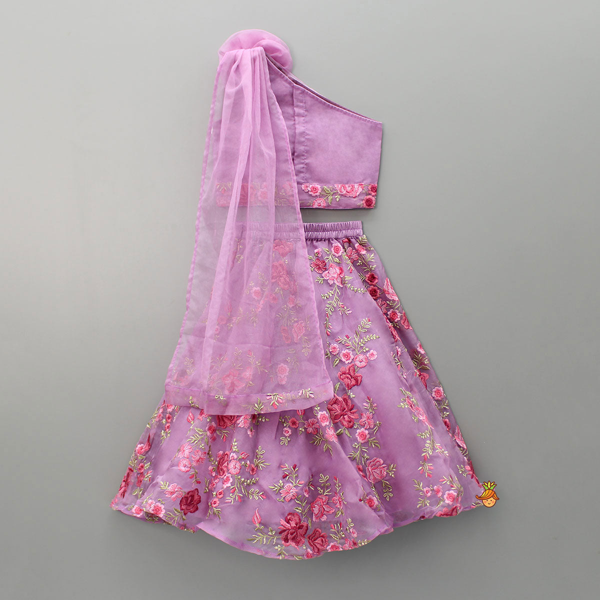 Lilac Pleated Rose Drape Top And Floral Embroidered Lehenga