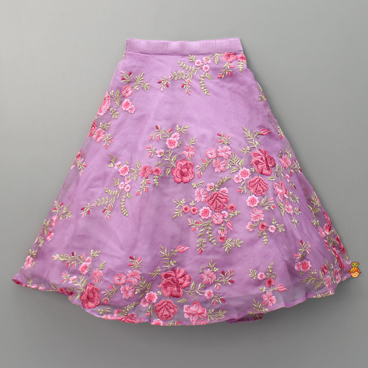 Lilac Pleated Rose Drape Top And Floral Embroidered Lehenga