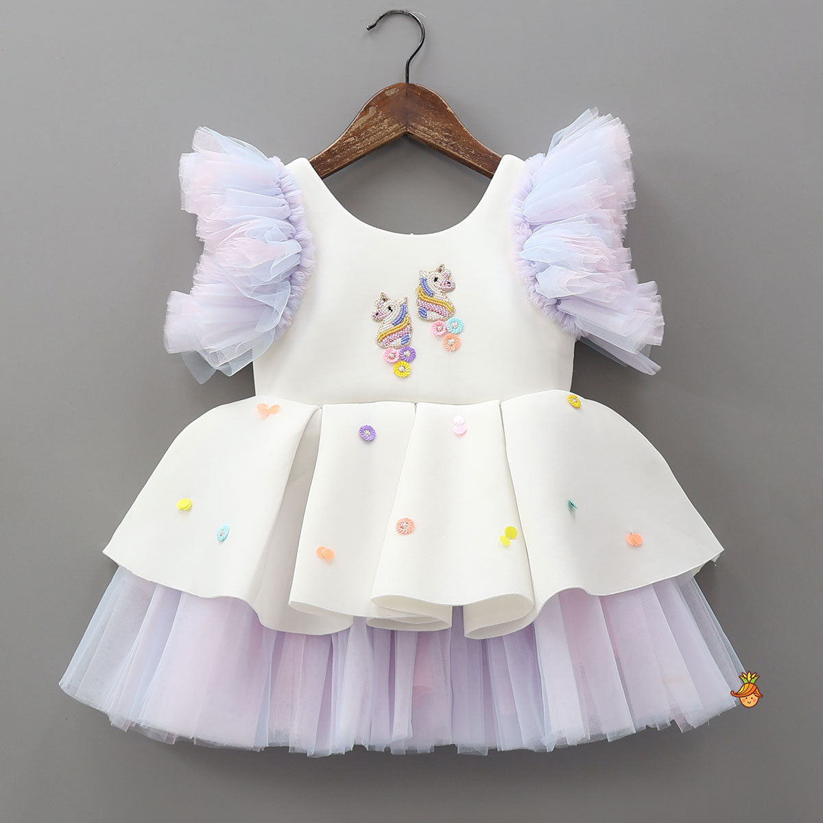 Unicorn Embroidered Yoke Neoprene White And Light Blue Dress