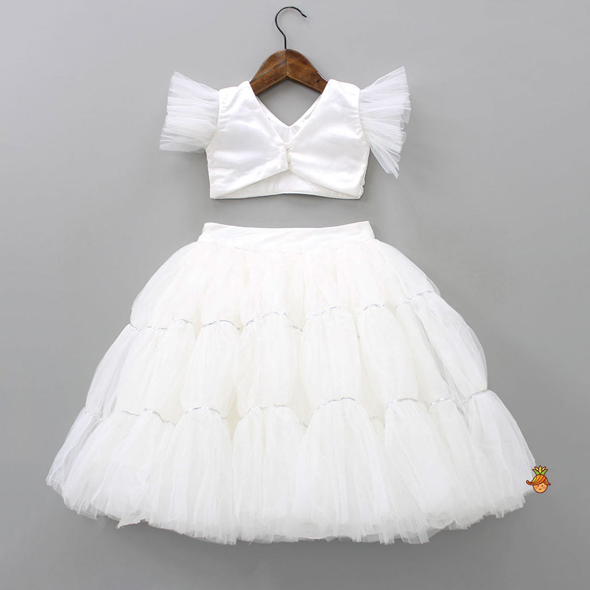 V Neck White Beaded Top And Pearly Tassels Enhanced Tiered Lehenga With Organza Dupatta