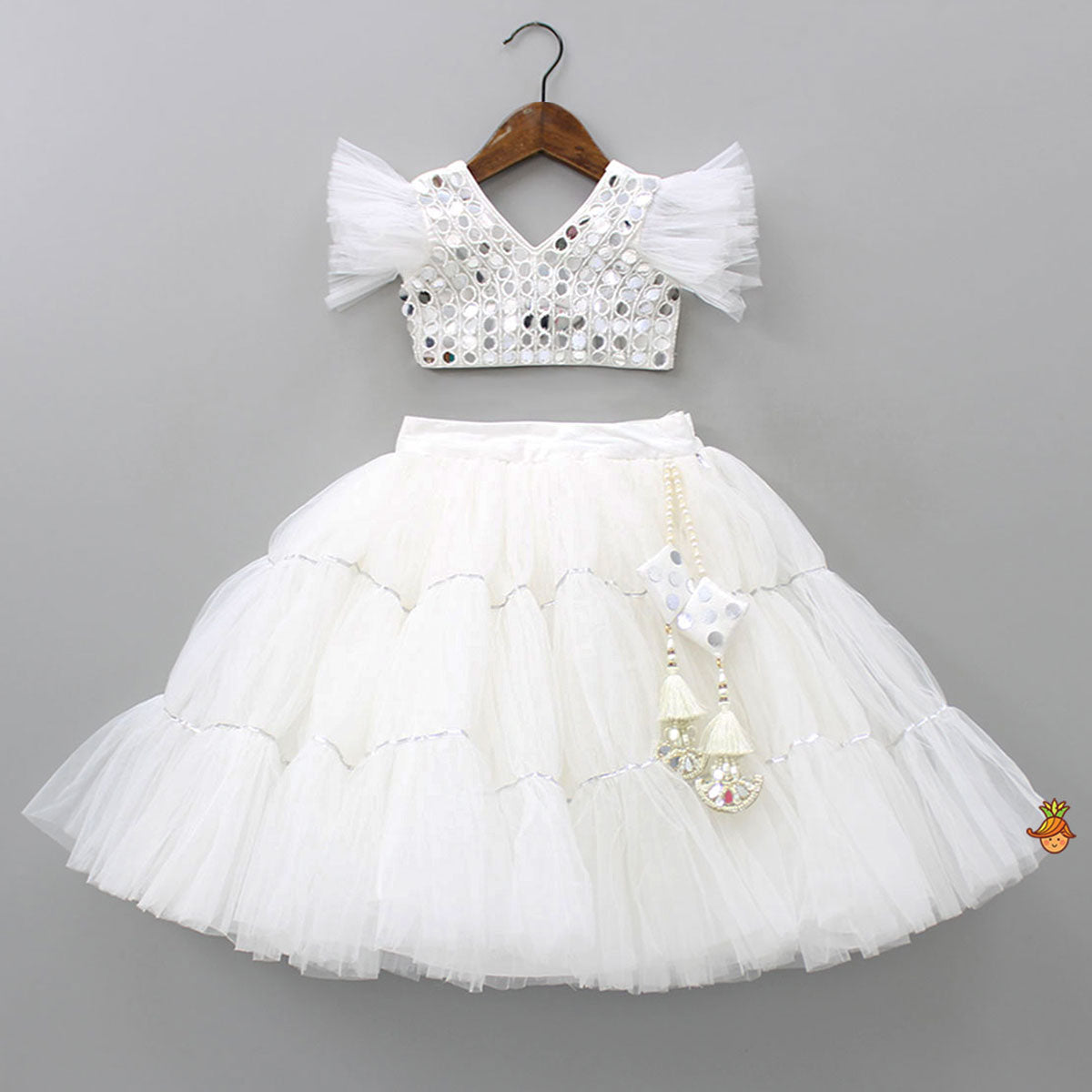 V Neck White Beaded Top And Pearly Tassels Enhanced Tiered Lehenga With Organza Dupatta