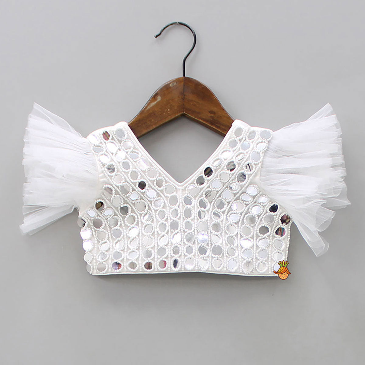 V Neck White Beaded Top And Pearly Tassels Enhanced Tiered Lehenga With Organza Dupatta