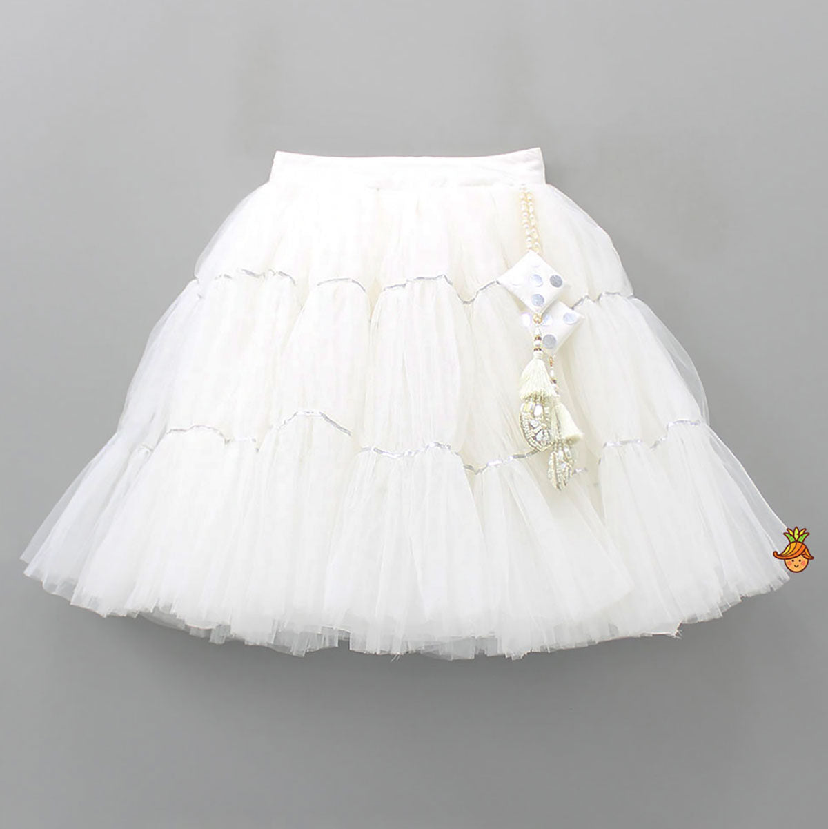 V Neck White Beaded Top And Pearly Tassels Enhanced Tiered Lehenga With Organza Dupatta