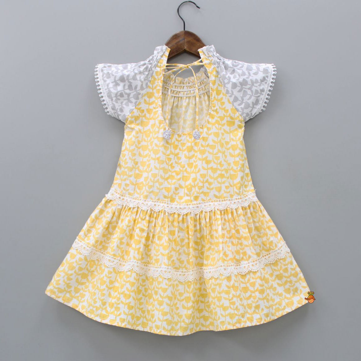 Flat Back Pearls Embellished Yellow And Grey High Neck Dress