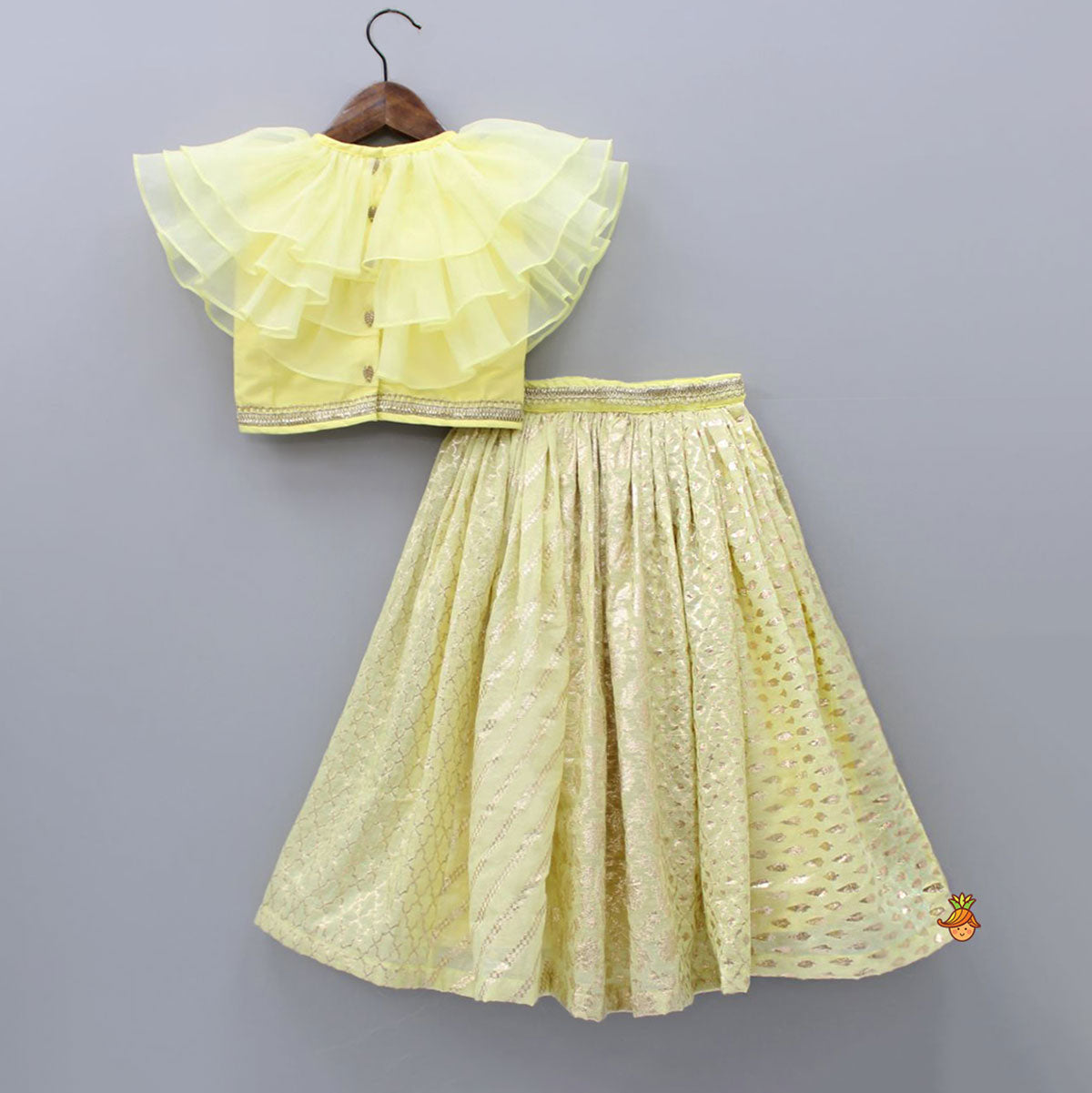 Organza Triple Layered Flap Pastel Yellow Top And Zari Embroidered Lehenga