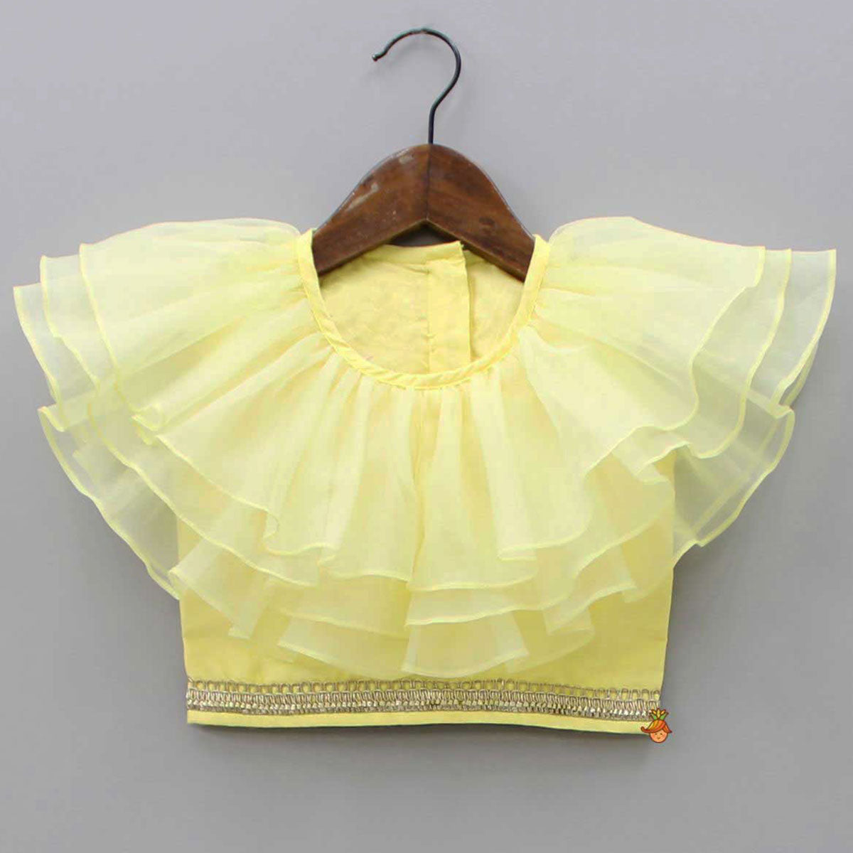 Organza Triple Layered Flap Pastel Yellow Top And Zari Embroidered Lehenga