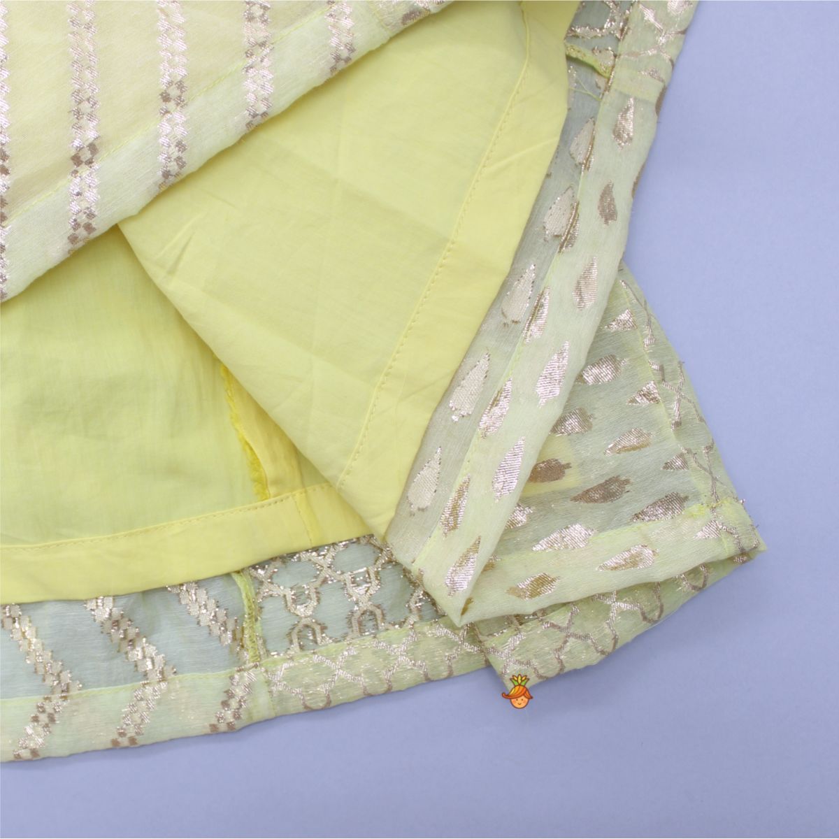 Organza Triple Layered Flap Pastel Yellow Top And Zari Embroidered Lehenga