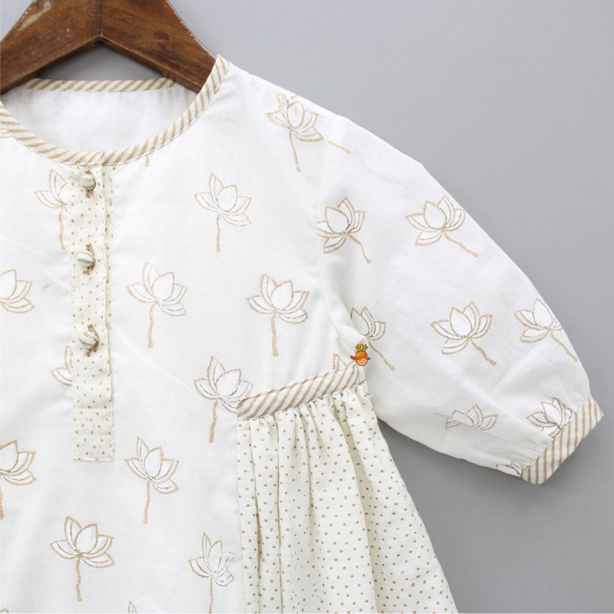 Hand Block Lotus And Polka Dots Printed Potli Buttons Detail Off White Dress