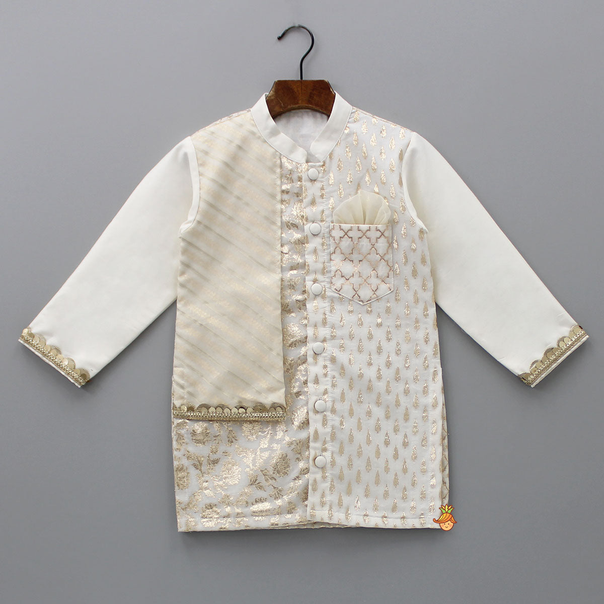 Patch Pocket Detail Chanderi Embroidered Cream Attached Flap Kurta And Pyjama