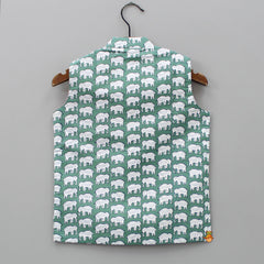 Pre Order: Pocket Detail Elephant Printed Green Jacket