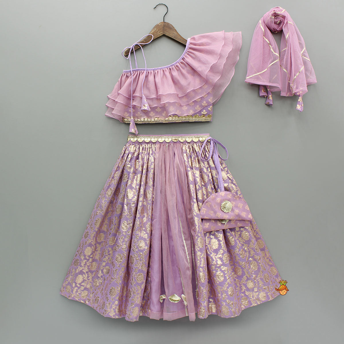 Elegant Pastel Purple Embroidered One Shoulder Top With Lehenga And Gota Lace Detail Dupatta