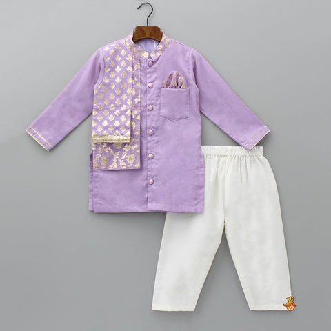 Pre Order: Zari Embroidered Front Open Pastel Purple Flap Kurta And Off White Pyjama