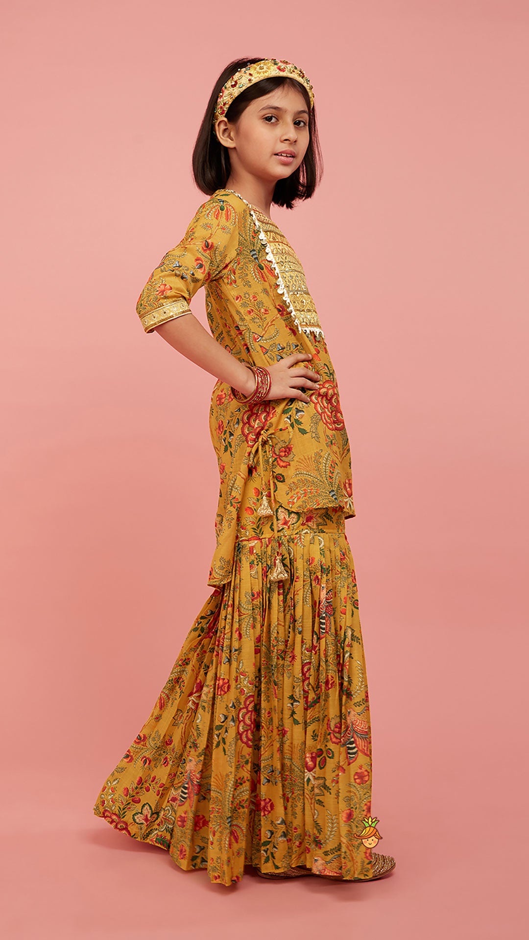 Intricate Yoke Gota Embroidered Mustard Printed Kurti And Pleated Sharara With Organza Sequined Dupatta