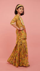Pre Order: Intricate Yoke Gota Embroidered Mustard Printed Kurti And Pleated Sharara With Organza Sequined Dupatta