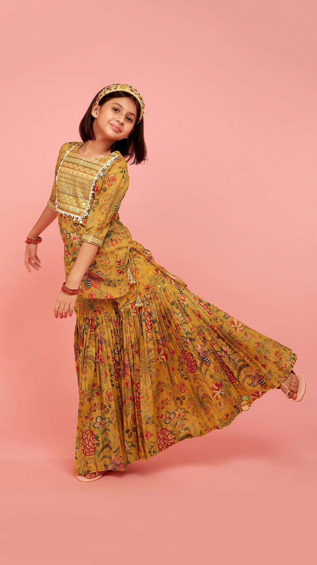 Intricate Yoke Gota Embroidered Mustard Printed Kurti And Pleated Sharara With Organza Sequined Dupatta