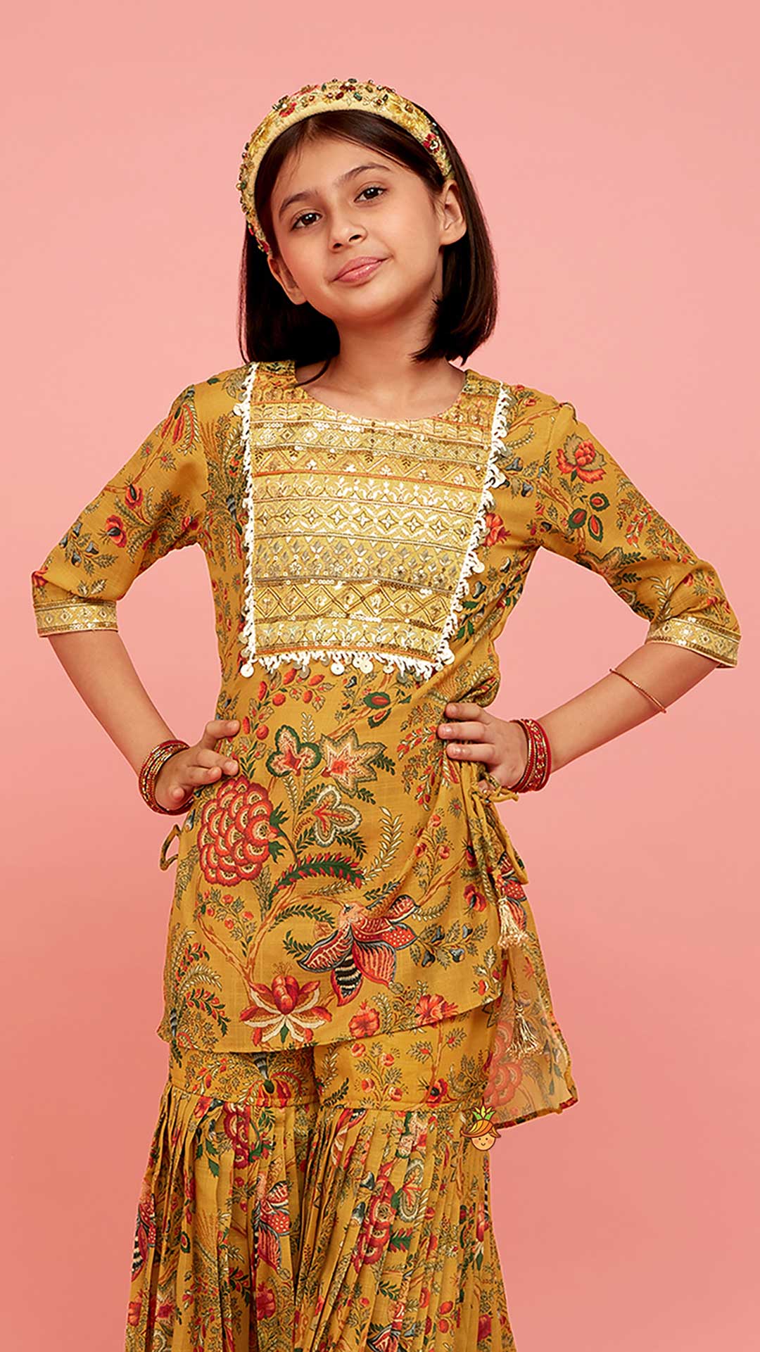 Intricate Yoke Gota Embroidered Mustard Printed Kurti And Pleated Sharara With Organza Sequined Dupatta