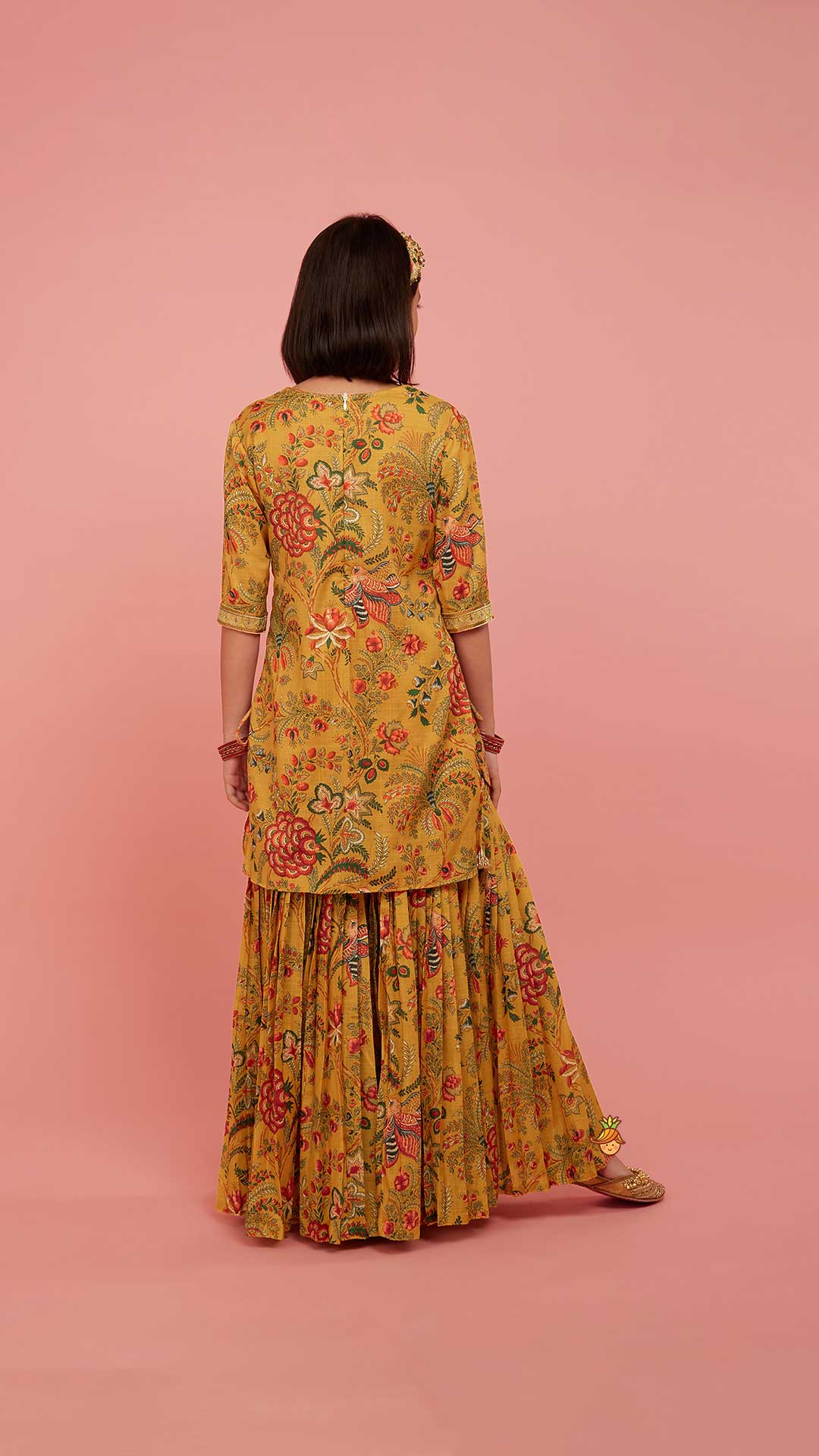 Intricate Yoke Gota Embroidered Mustard Printed Kurti And Pleated Sharara With Organza Sequined Dupatta