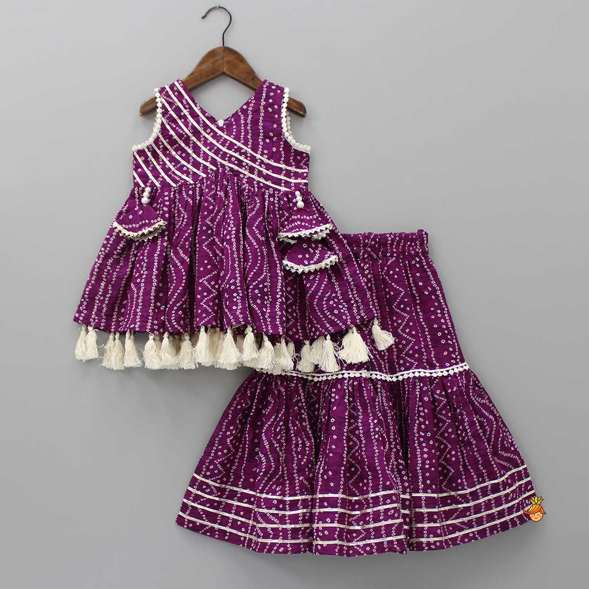 Gota Lace Work Yoke Bandhani Printed Fringes Purple Top And Sharara