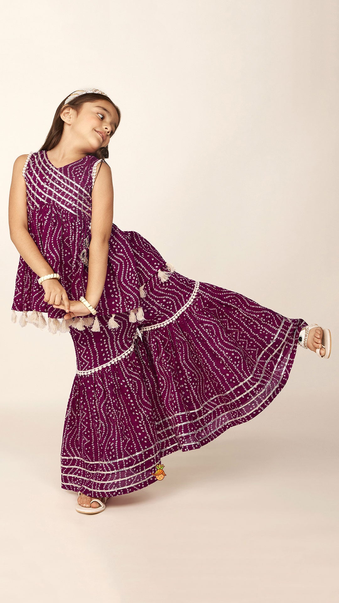 Gota Lace Work Yoke Bandhani Printed Fringes Purple Top And Sharara