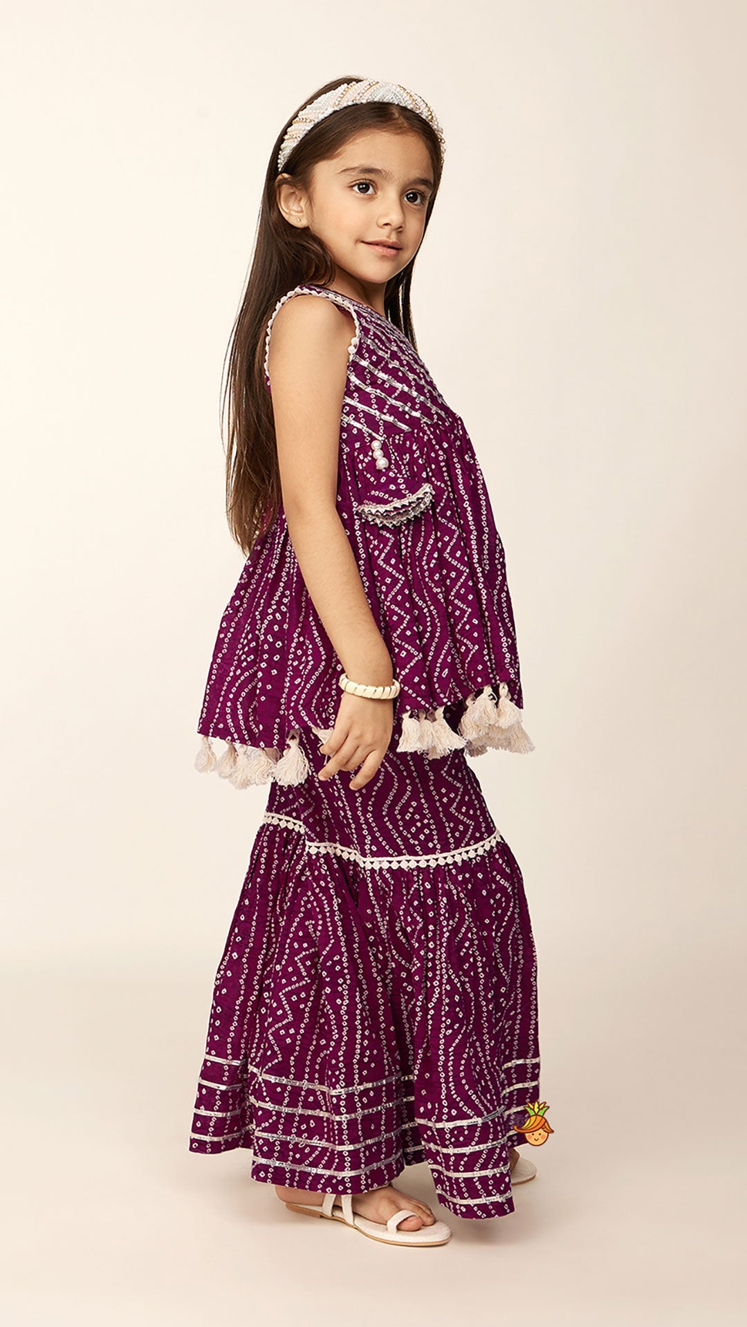 Gota Lace Work Yoke Bandhani Printed Fringes Purple Top And Sharara