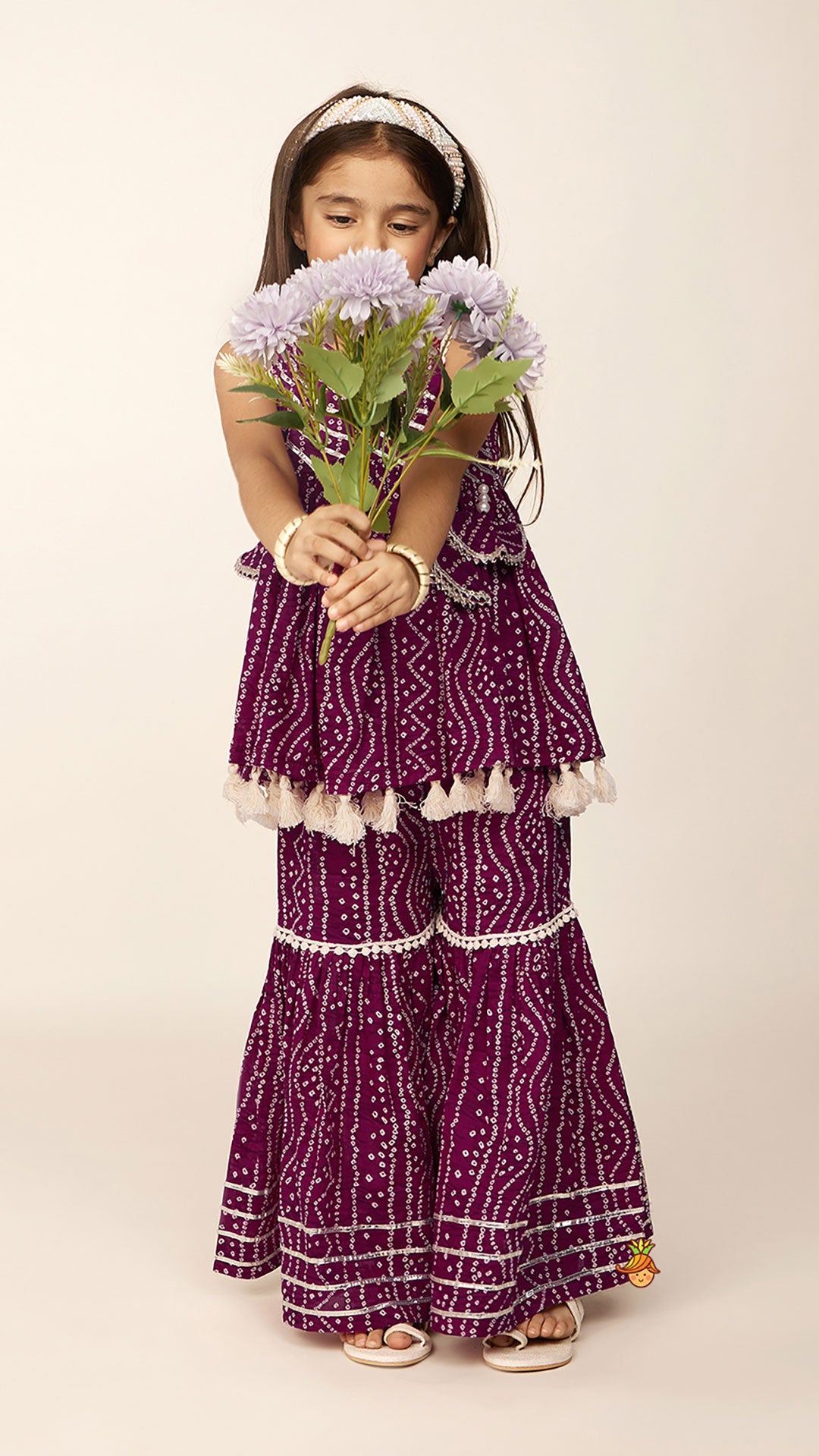 Gota Lace Work Yoke Bandhani Printed Fringes Purple Top And Sharara