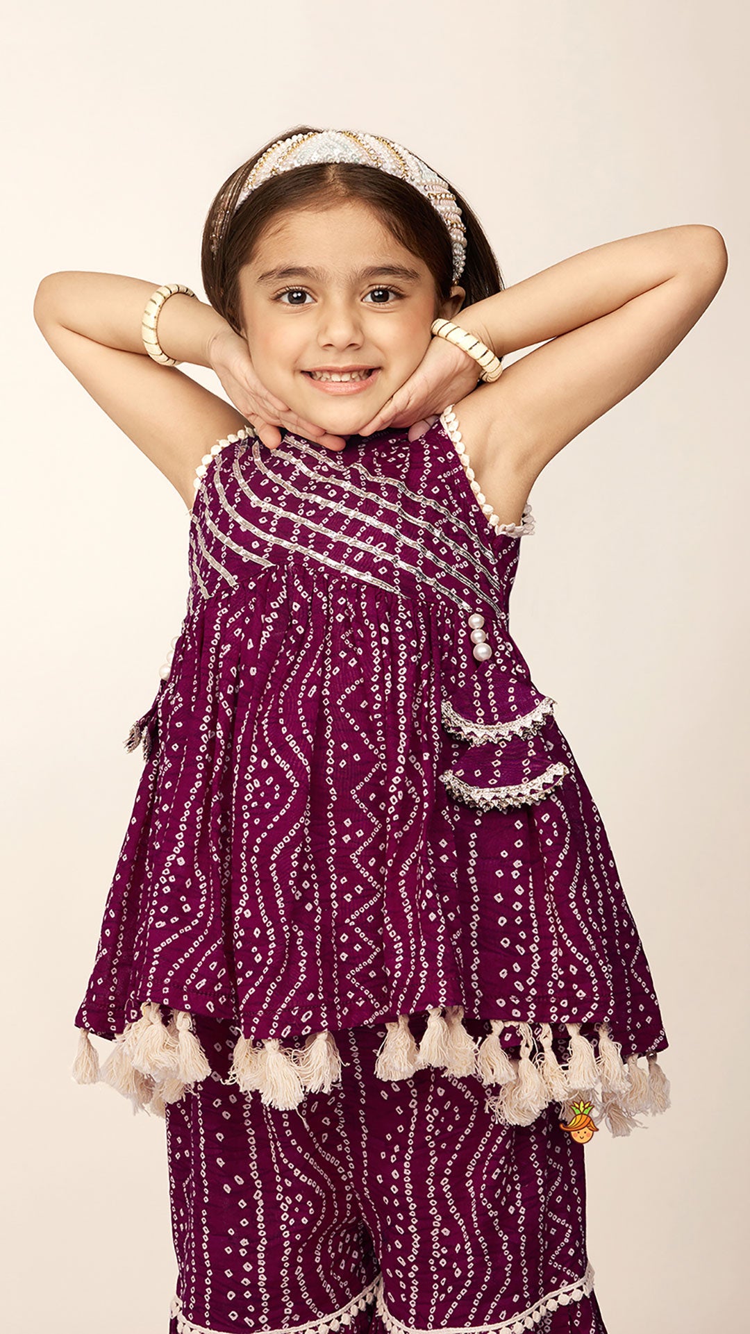 Gota Lace Work Yoke Bandhani Printed Fringes Purple Top And Sharara