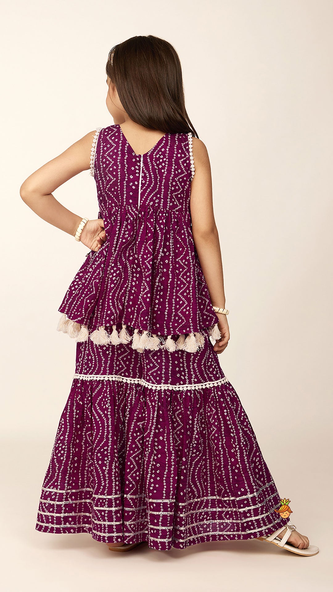 Gota Lace Work Yoke Bandhani Printed Fringes Purple Top And Sharara