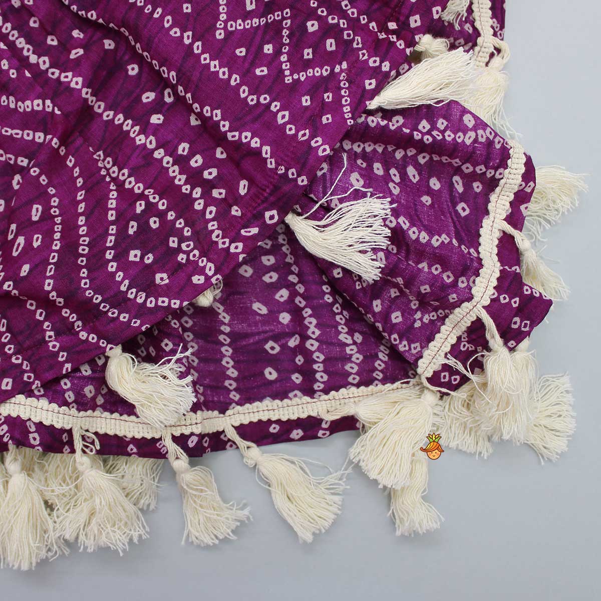 Gota Lace Work Yoke Bandhani Printed Fringes Purple Top And Sharara
