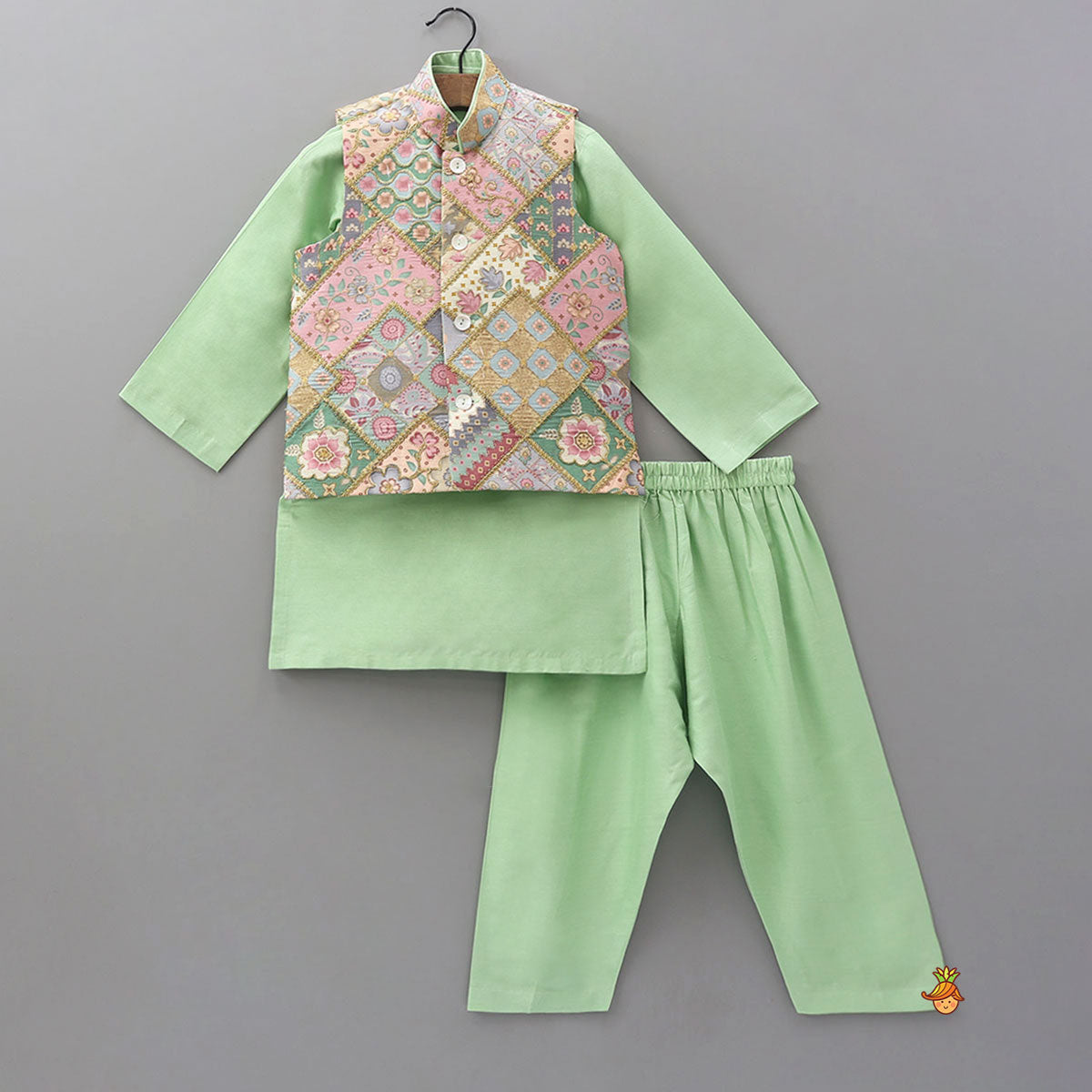 Green Kurta With Cotton Silk Embroidered Jacket And Pyjama