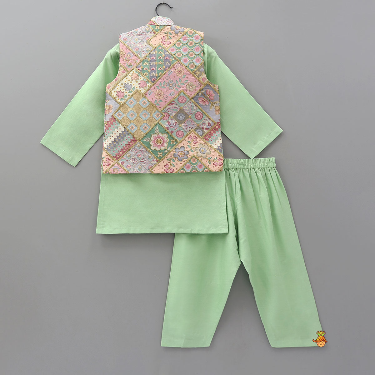 Green Kurta With Cotton Silk Embroidered Jacket And Pyjama