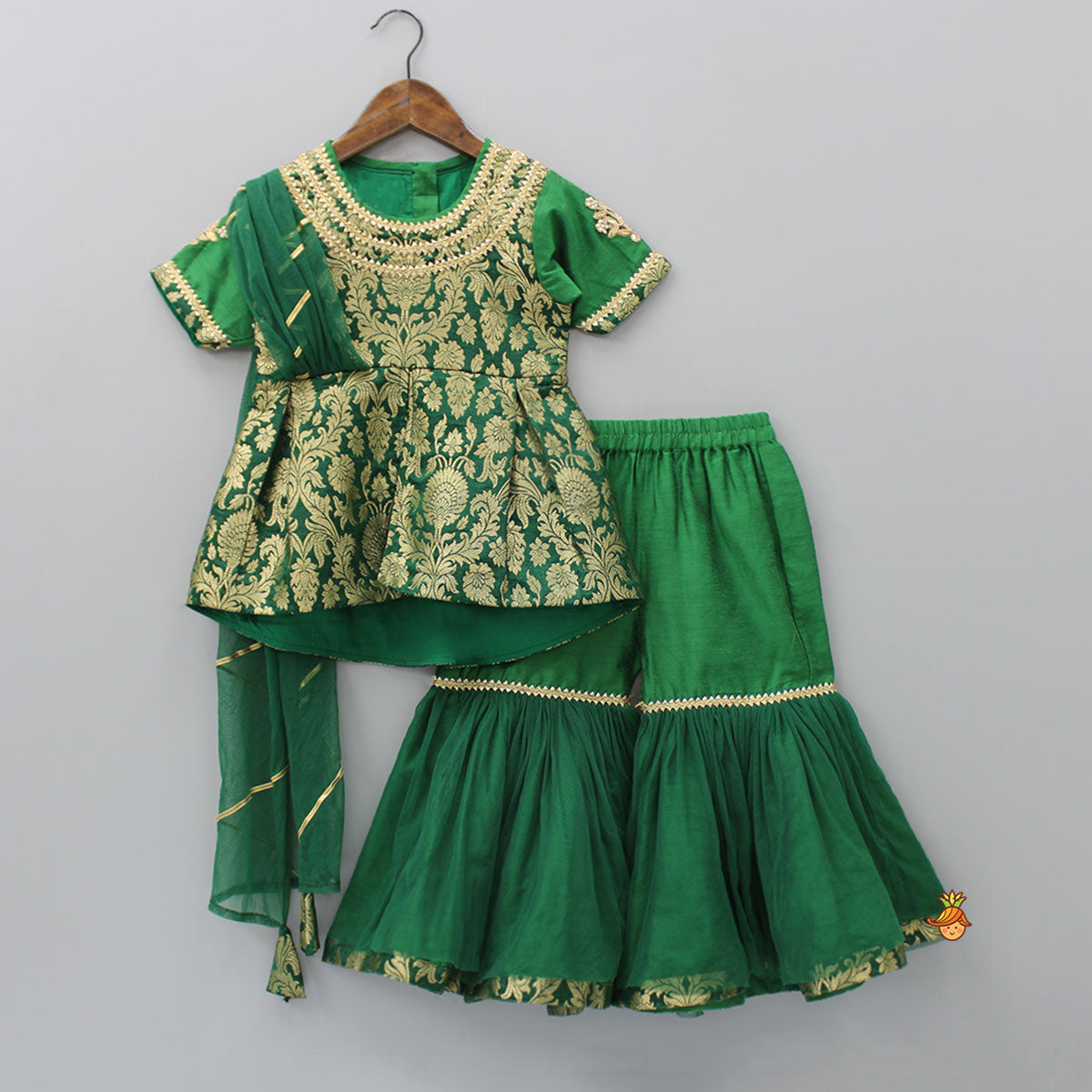 Front Slit Brocade Green High Low Kurti With Attached Dupatta And Net Sharara