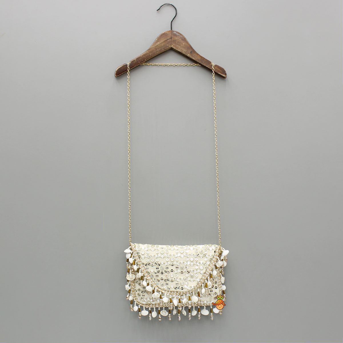 Sequins And Faux Mirror Embroidery Off White Chain Sling Bag