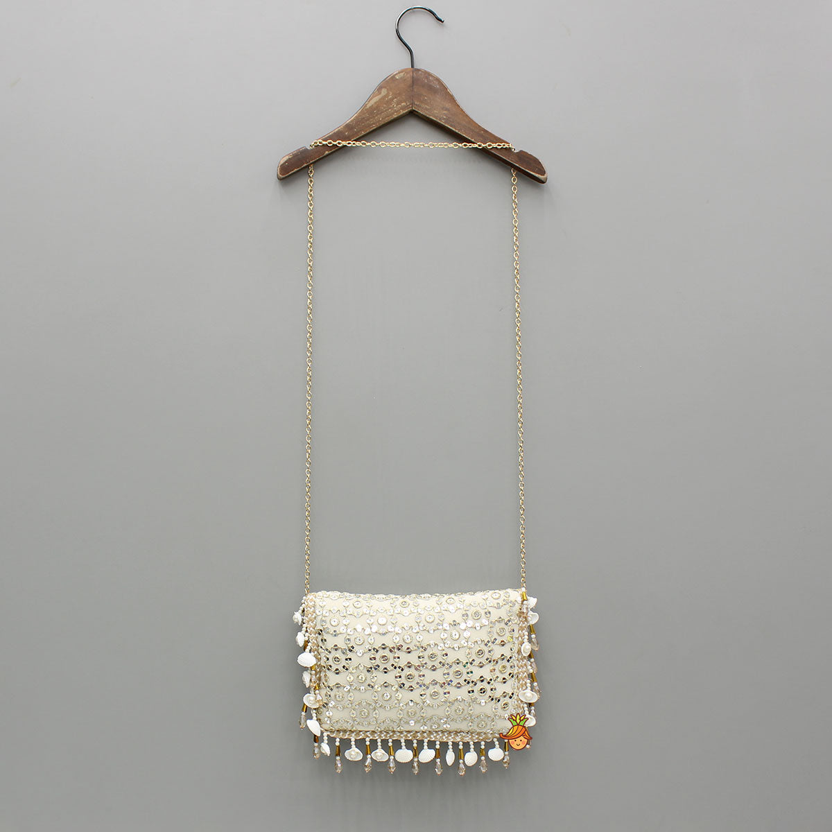 Sequins And Faux Mirror Embroidery Off White Chain Sling Bag
