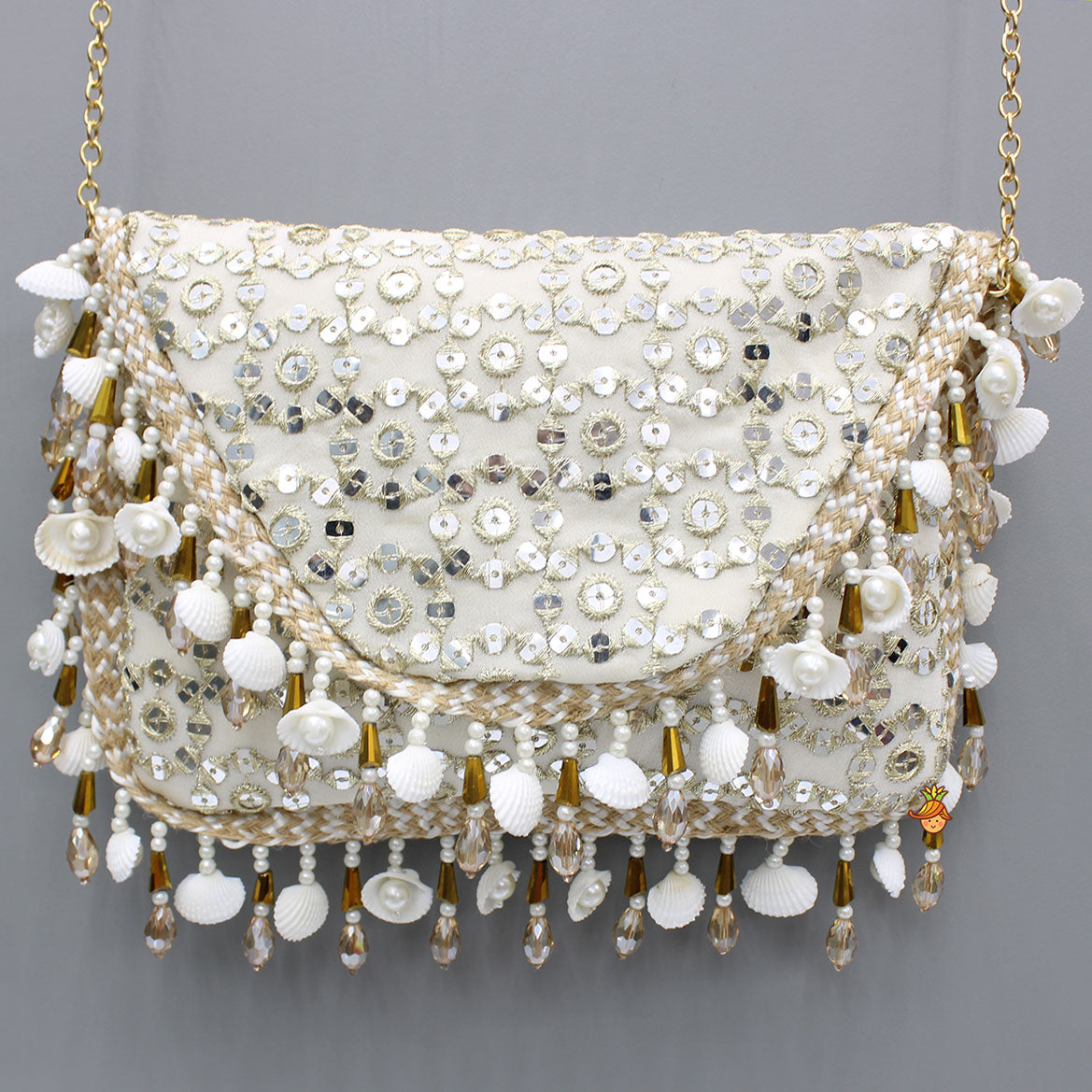 Sequins And Faux Mirror Embroidery Off White Chain Sling Bag