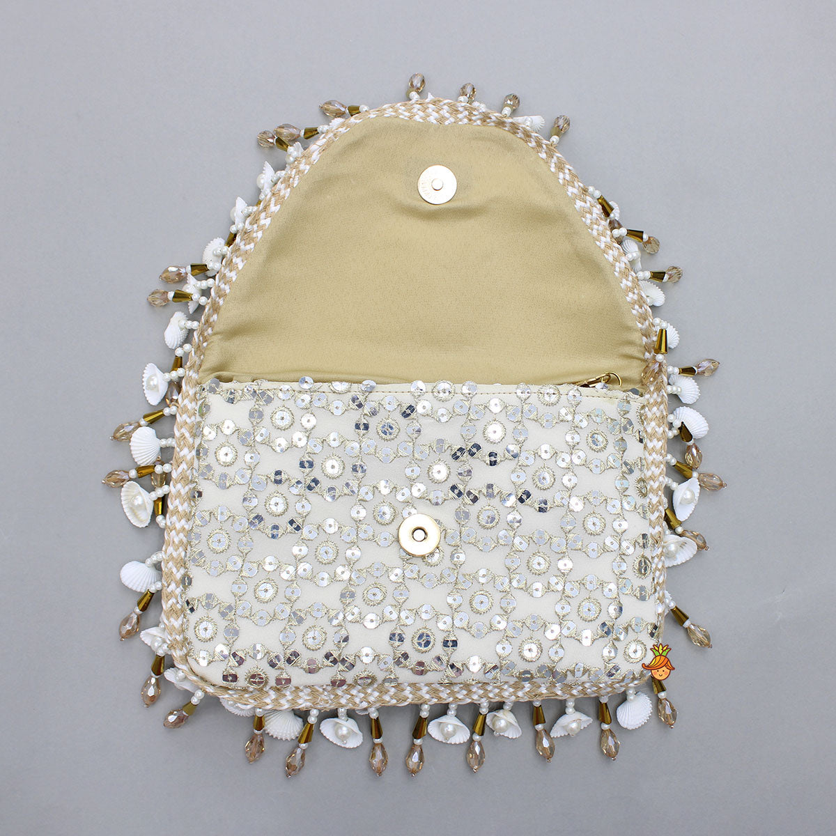 Sequins And Faux Mirror Embroidery Off White Chain Sling Bag