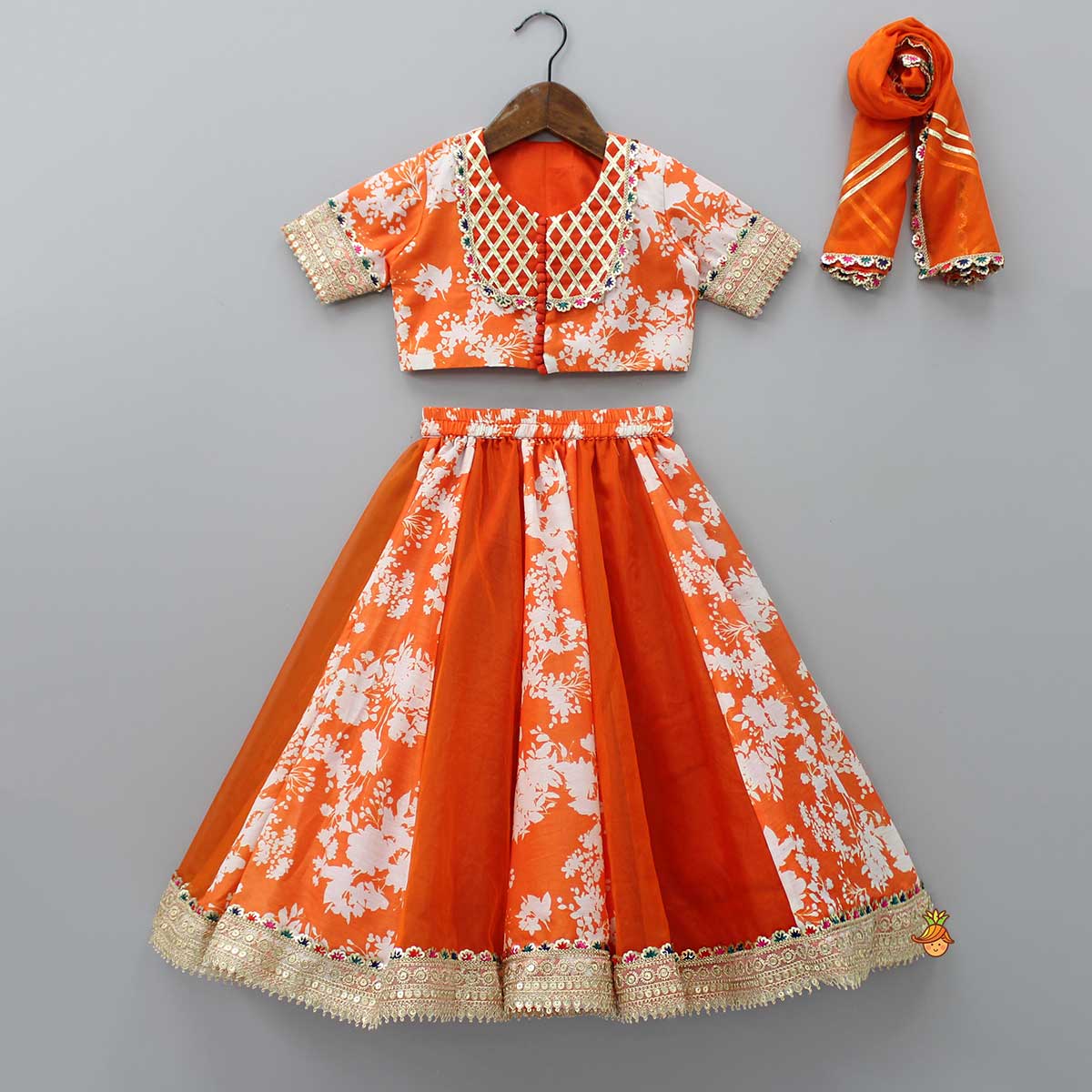Checks Detail Yoke Orange Top And Floral Printed Lehenga With Organza Dupatta