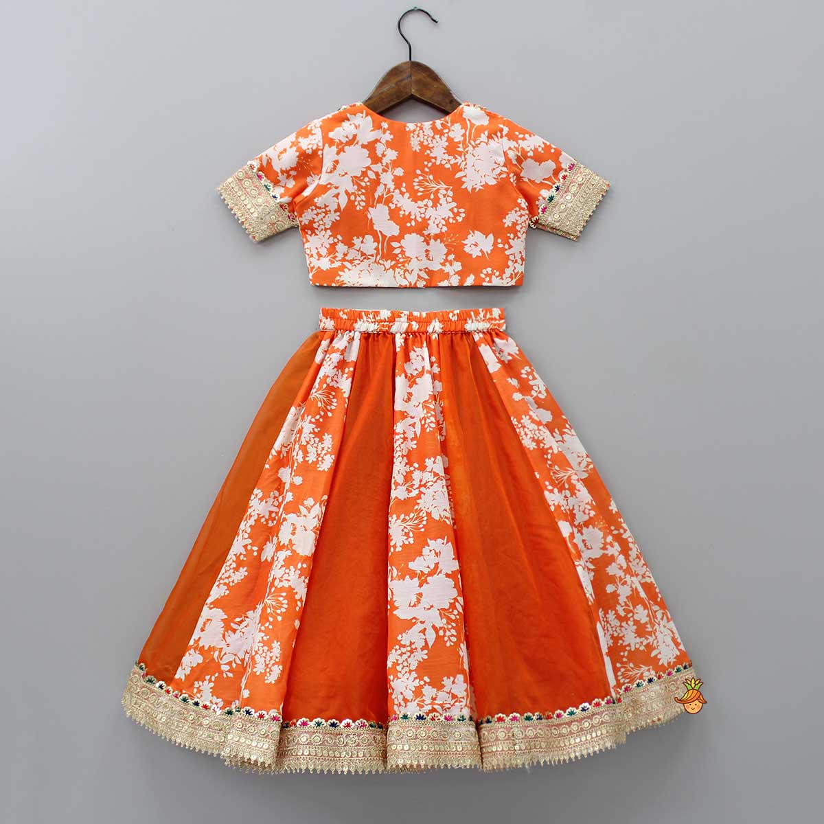 Checks Detail Yoke Orange Top And Floral Printed Lehenga With Organza Dupatta