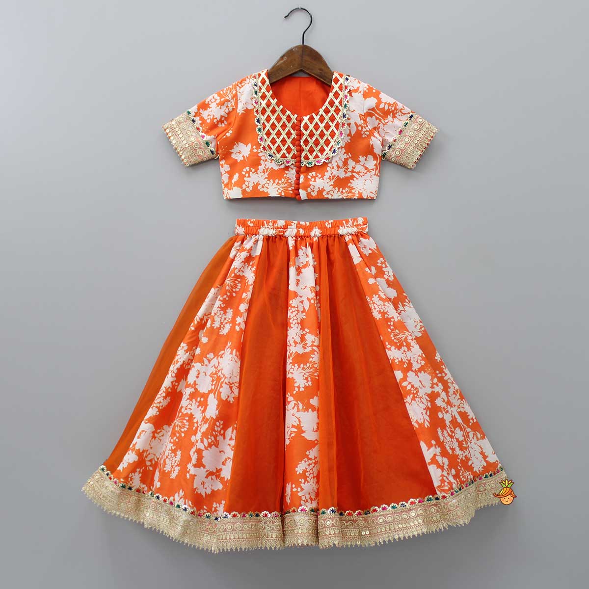 Checks Detail Yoke Orange Top And Floral Printed Lehenga With Organza Dupatta