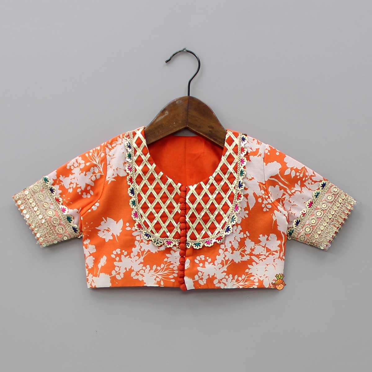Checks Detail Yoke Orange Top And Floral Printed Lehenga With Organza Dupatta
